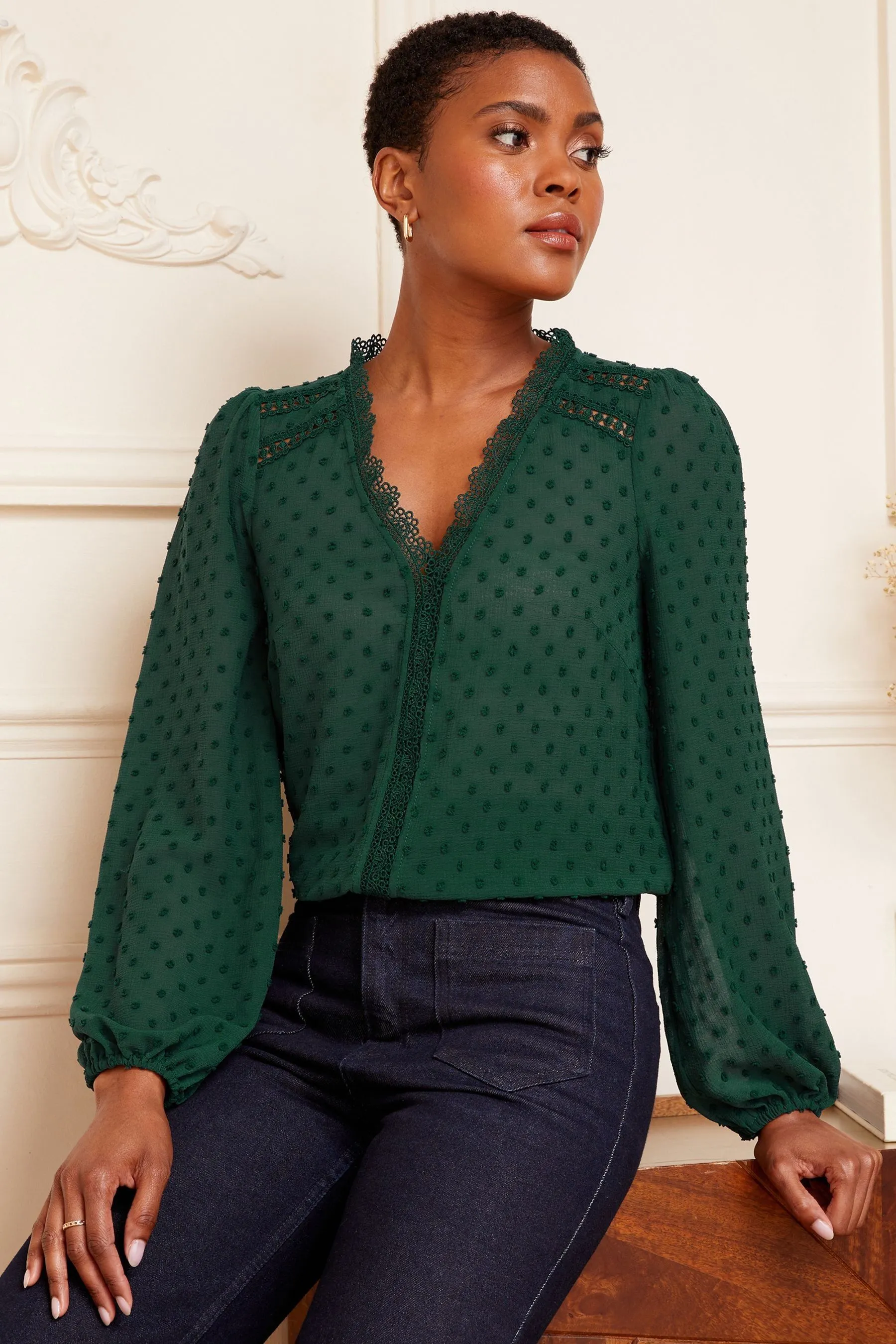Love & Roses V Neck Lace Trim Dobby Blouse    