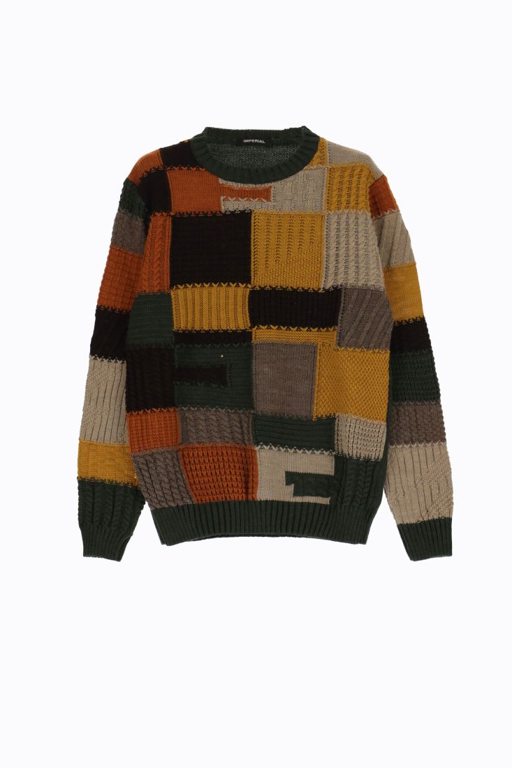 Maglione girocollo a quadri con lavorazione intrecciata