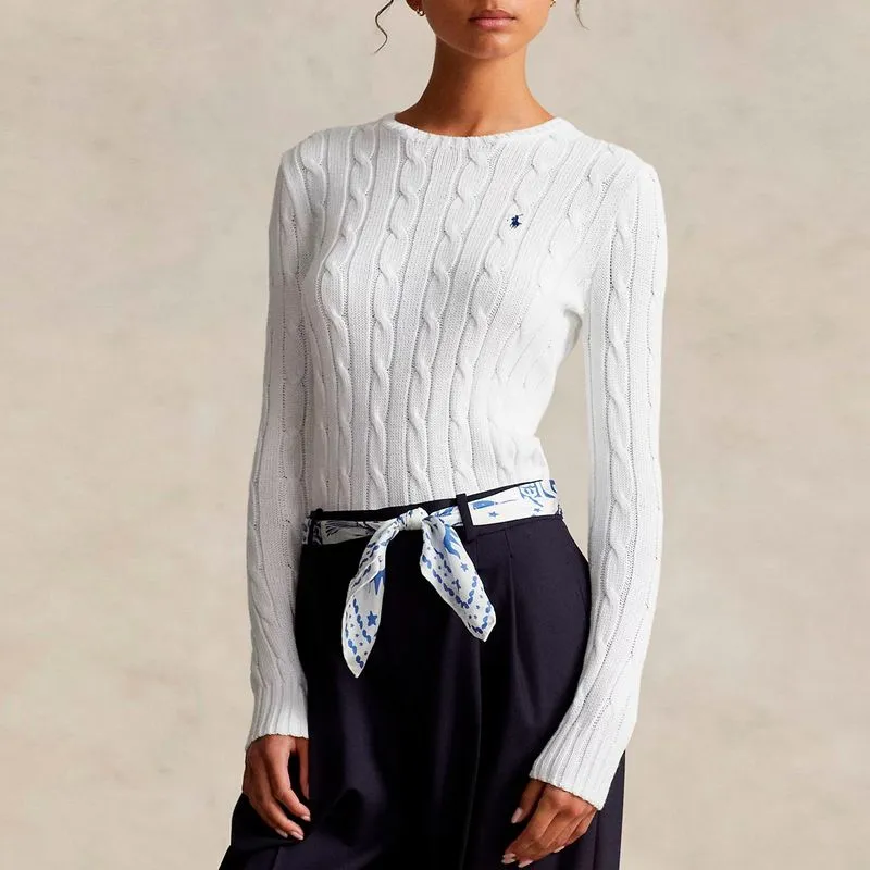 Maglione girocollo a trecce bianco con pony 