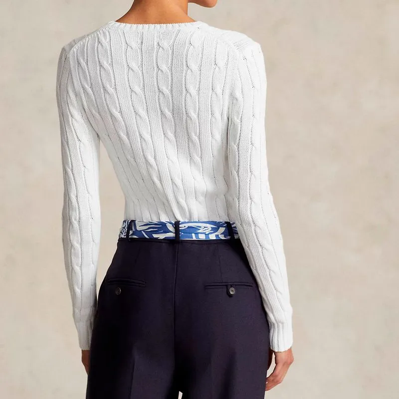 Maglione girocollo a trecce bianco con pony 