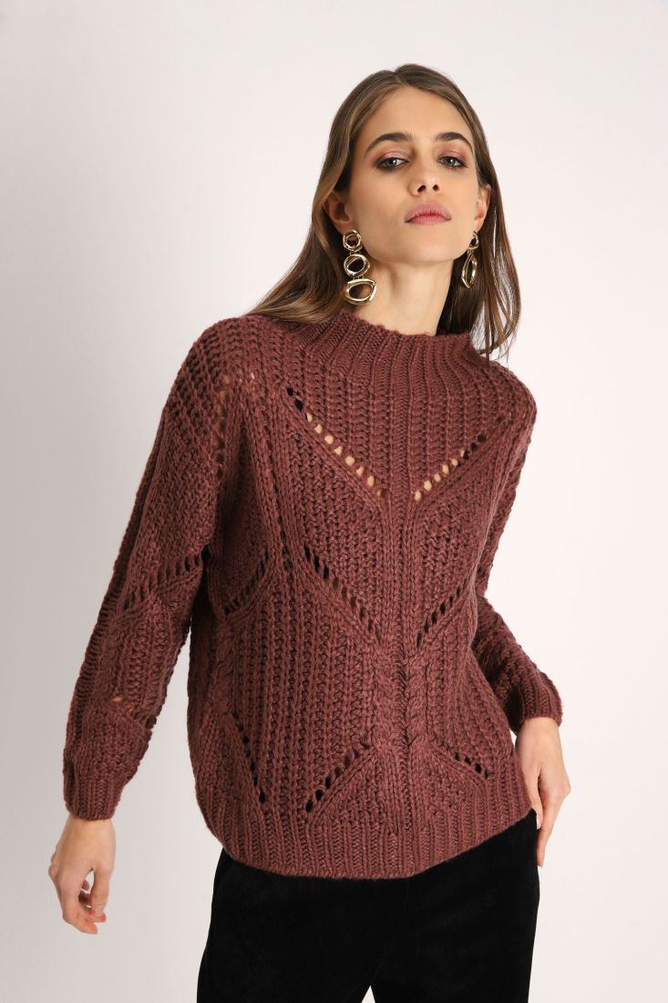 Maglione monocolour a lavorazione traforata con collo