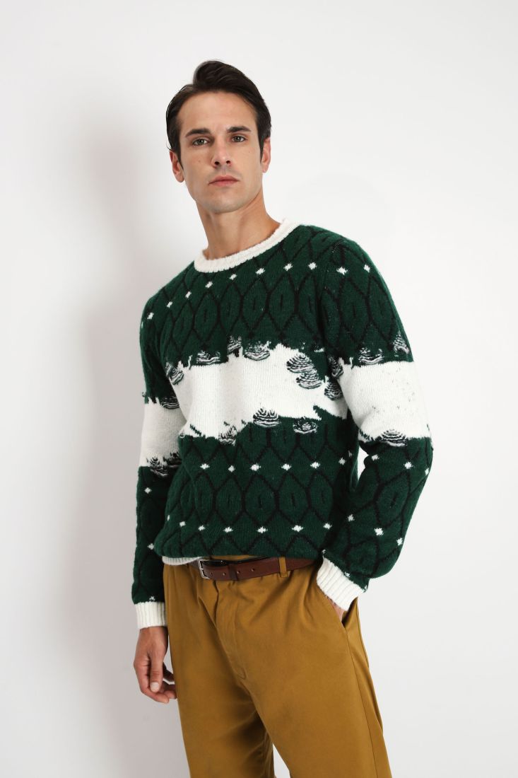 Maglione oversize fantasia astratta con orli a costine