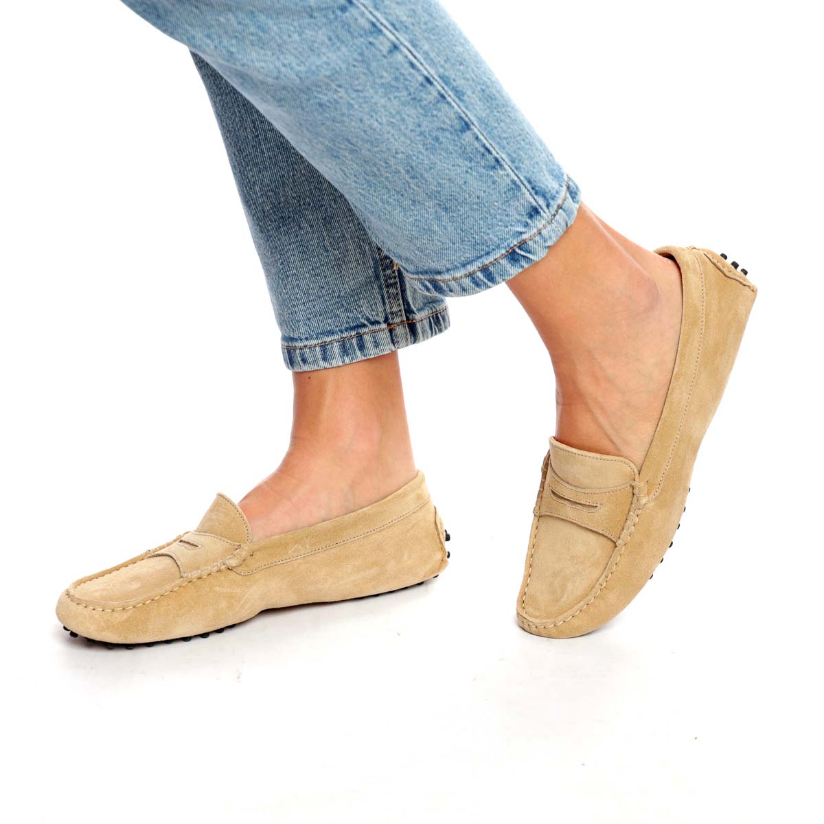 Mocassino D in Pelle Scamosciata Beige