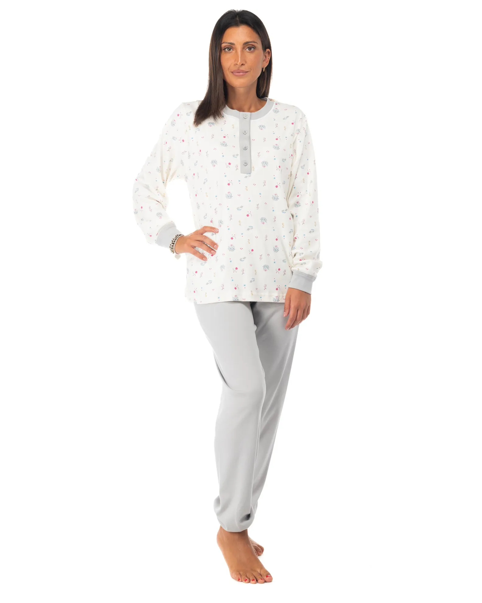 NOTTI MAGICHE - Pigiama da donna fiorato grigio modello MORENA , MADE IN ITALY                                            Previo