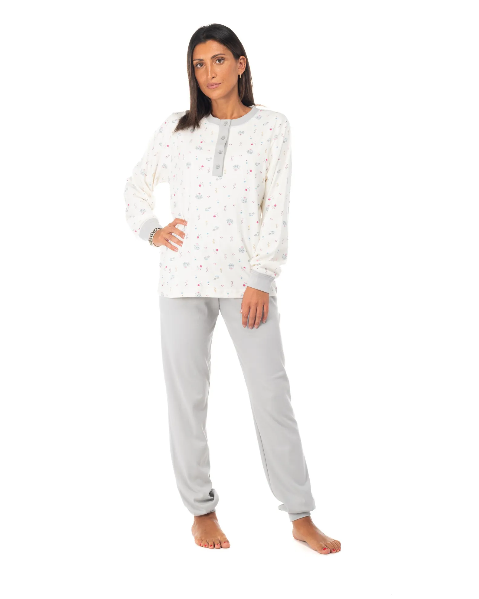 NOTTI MAGICHE - Pigiama da donna fiorato grigio modello MORENA , MADE IN ITALY                                            Previo