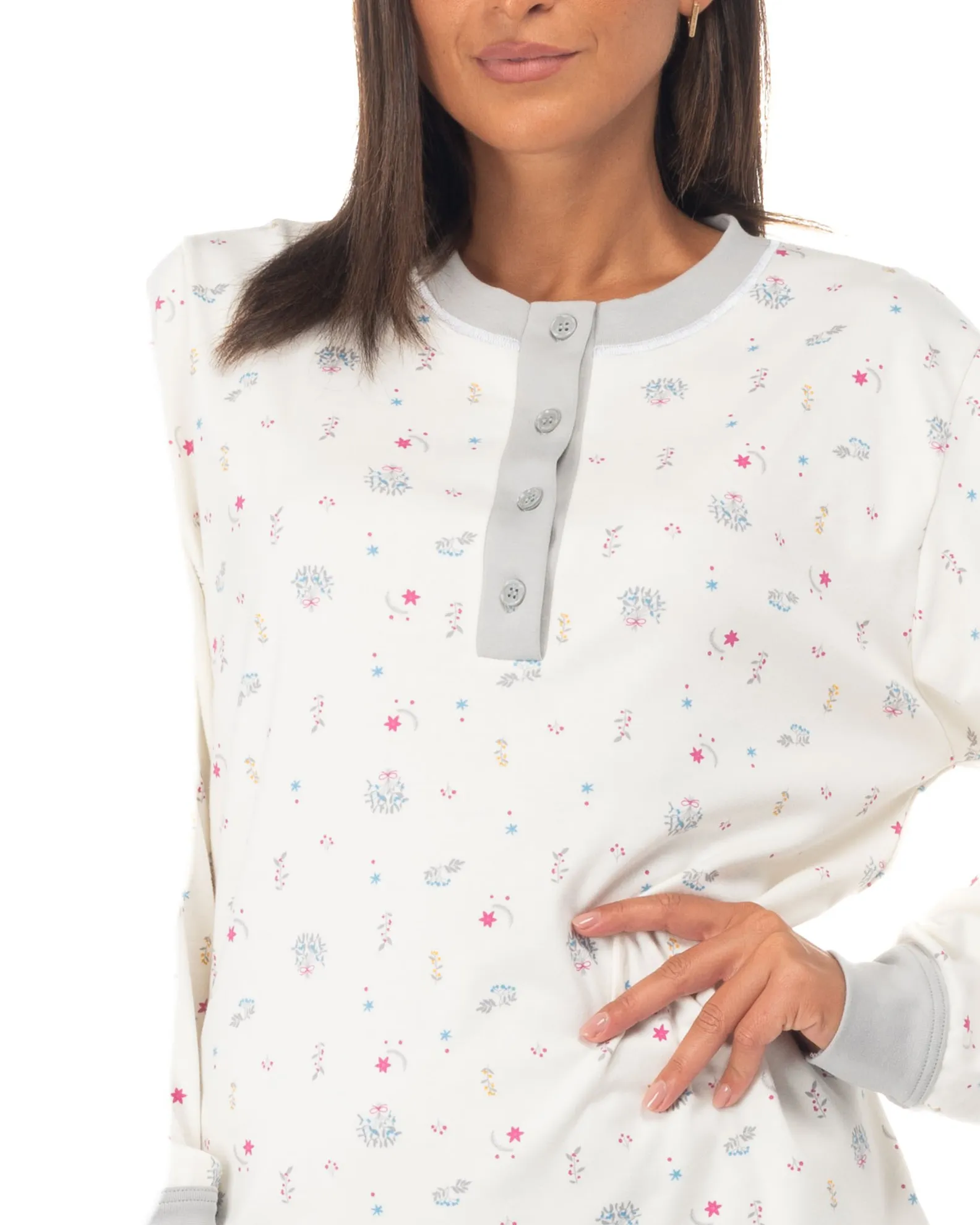 NOTTI MAGICHE - Pigiama da donna fiorato grigio modello MORENA , MADE IN ITALY                                            Previo