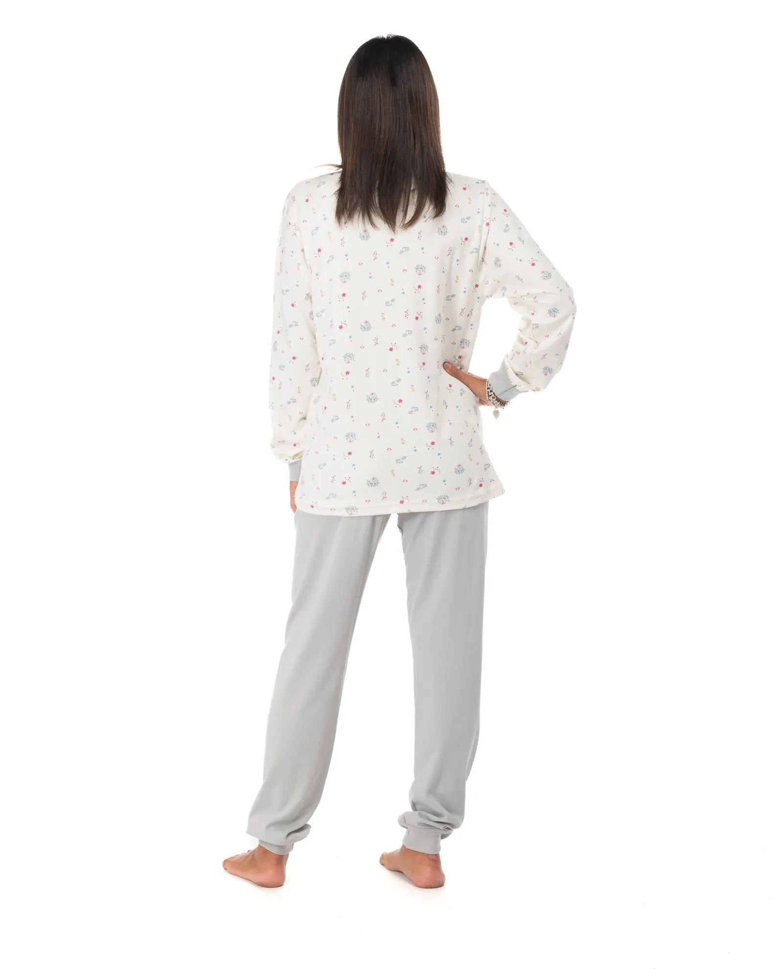 NOTTI MAGICHE - Pigiama da donna fiorato grigio modello MORENA , MADE IN ITALY                                            Previo