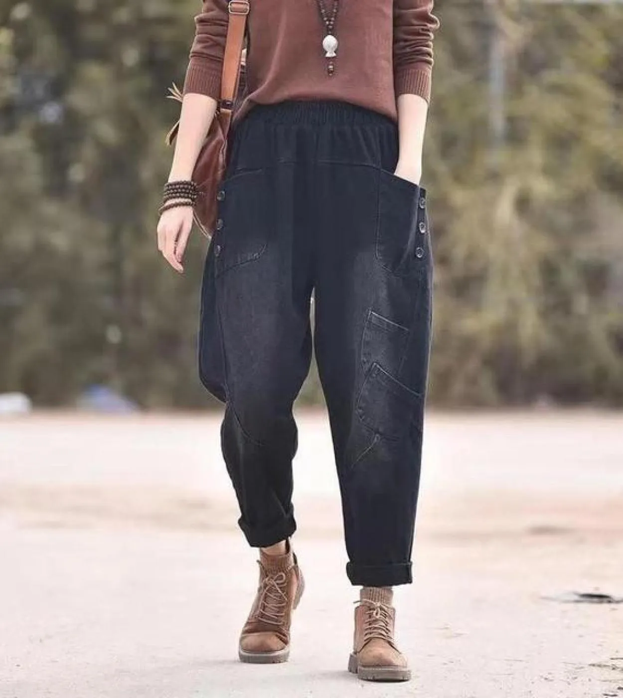 Nuovo arrivo primavera donna allentato casual elastico in vita pantaloni Harem cotone denim grande tasca patchwork jeans lunghez