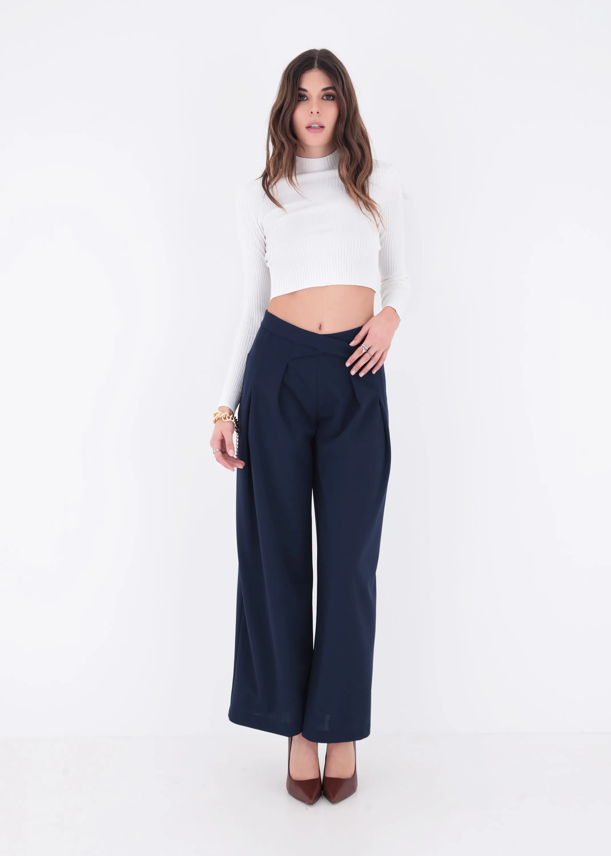 Pantalone palazzo in scuba crepe con pattina - PE24