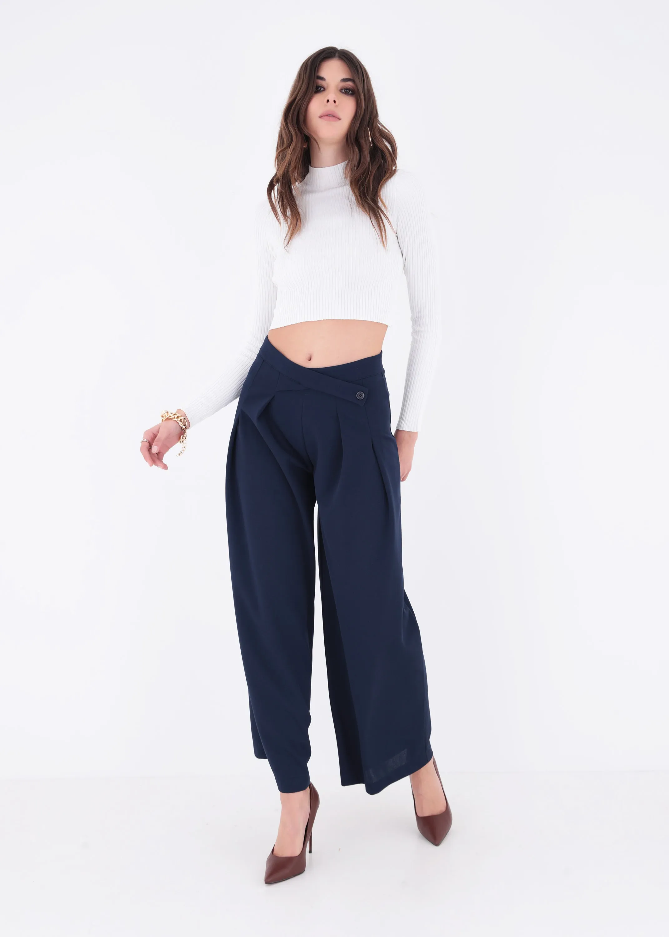 Pantalone palazzo in scuba crepe con pattina - PE24