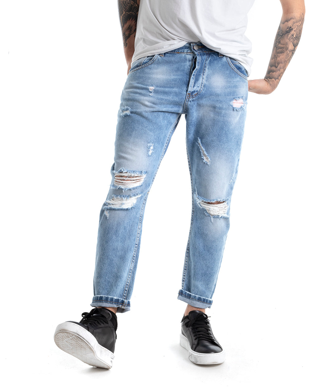 Pantaloni Jeans Uomo Loose Fit Denim Con Rotture Cinque Tasche Casual GIOSAL-P5308A