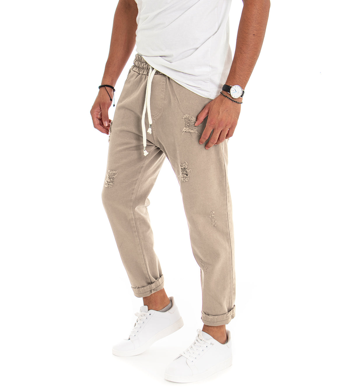 Pantaloni Jeans Uomo Regular Fit Beige Pantalaccio Con Rotture Casual GIOSAL-P3528A