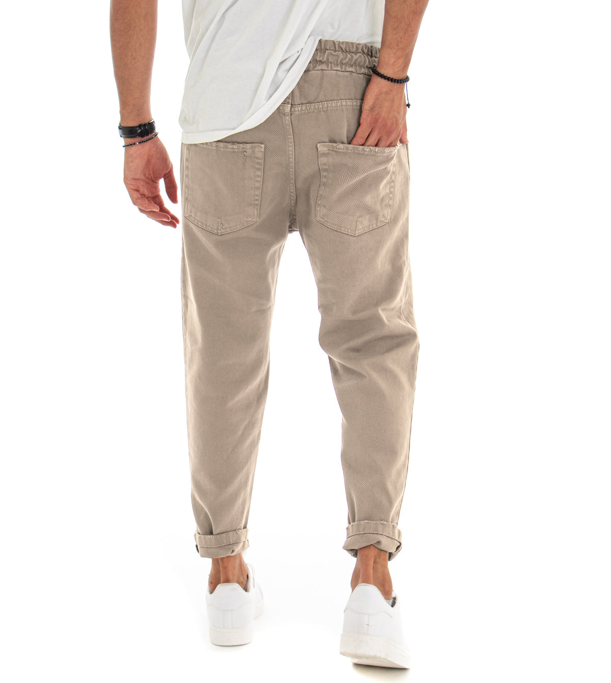 Pantaloni Jeans Uomo Regular Fit Beige Pantalaccio Con Rotture Casual GIOSAL-P3528A