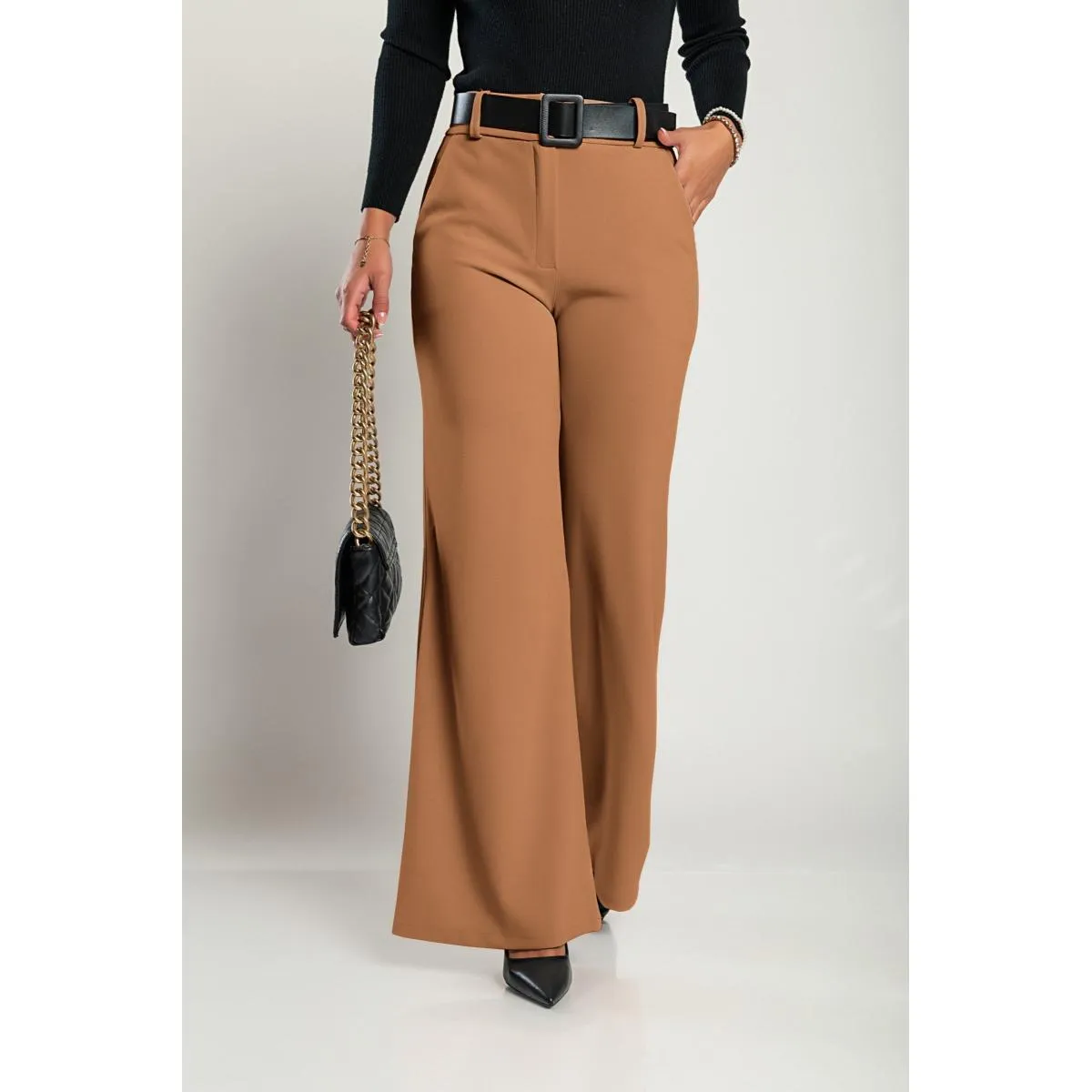 Pantaloni lunghi eleganti con cintura Solarina, cammello