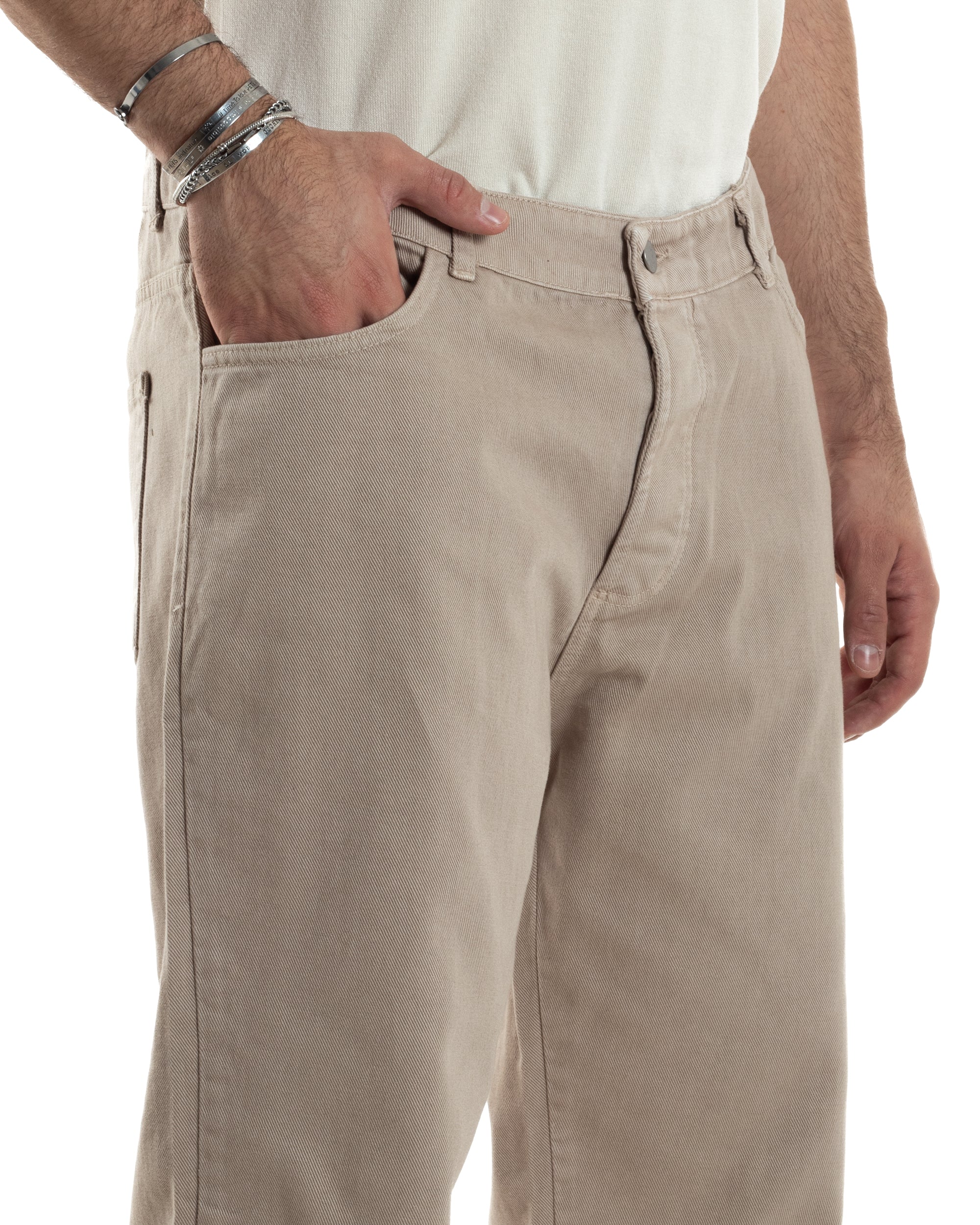 Pantaloni Uomo Jeans Straight Fit Baggy Basic Cinque Tasche Beige GIOSAL-JS1040A