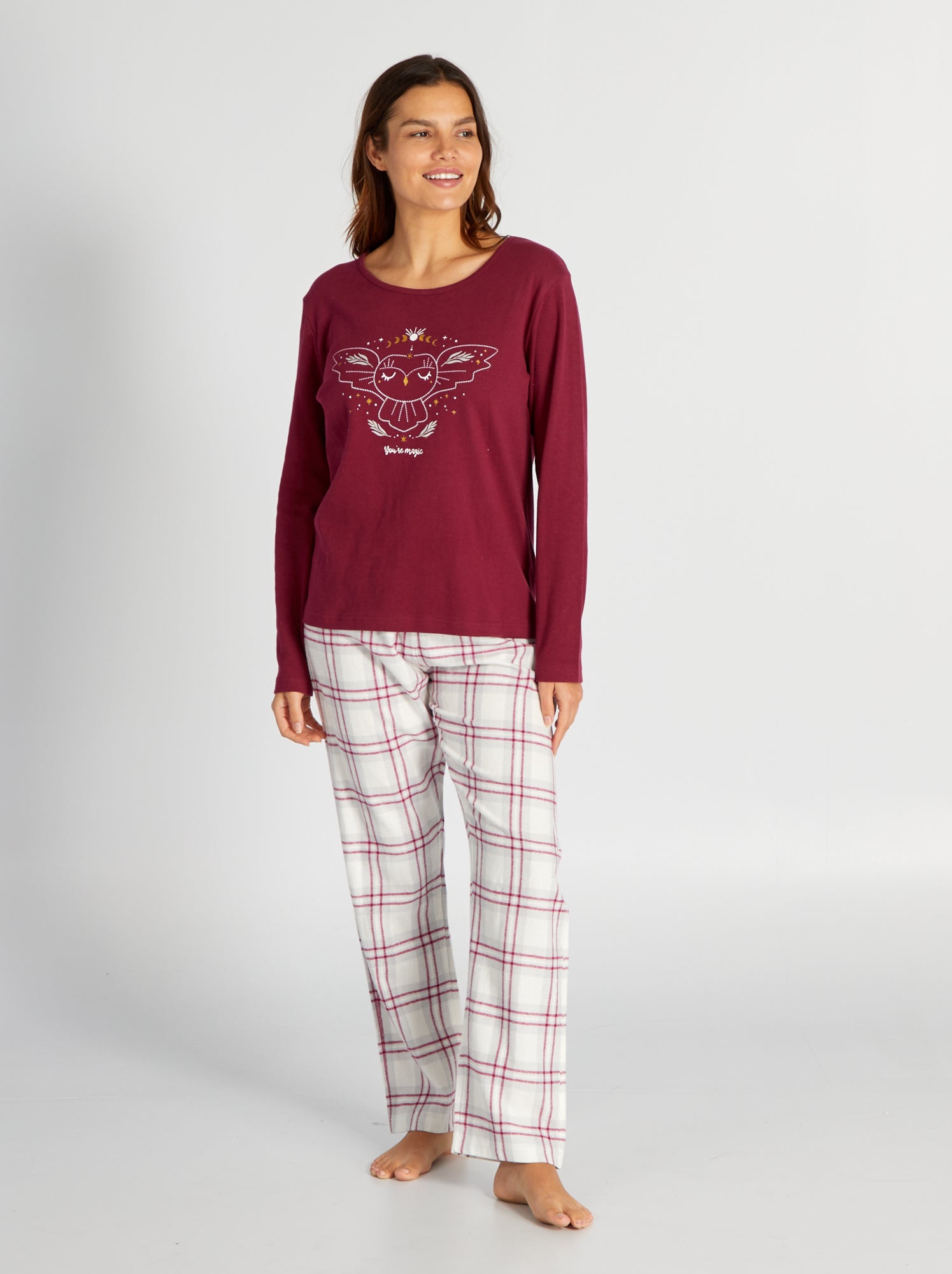 Pigiama lungo t-shirt + pantaloni in flanella - 2 pezzi - ROSSO