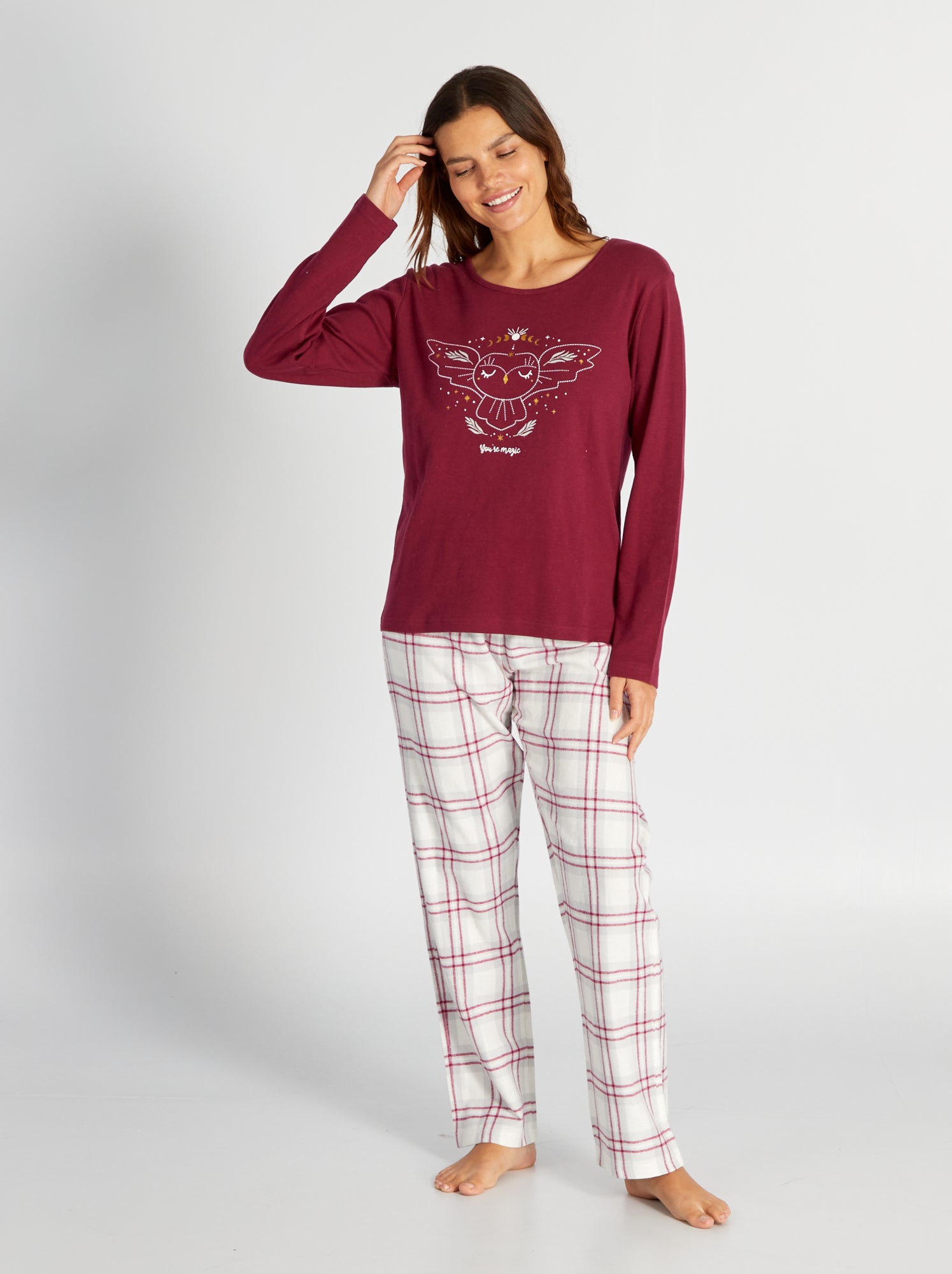Pigiama lungo t-shirt + pantaloni in flanella - 2 pezzi - ROSSO