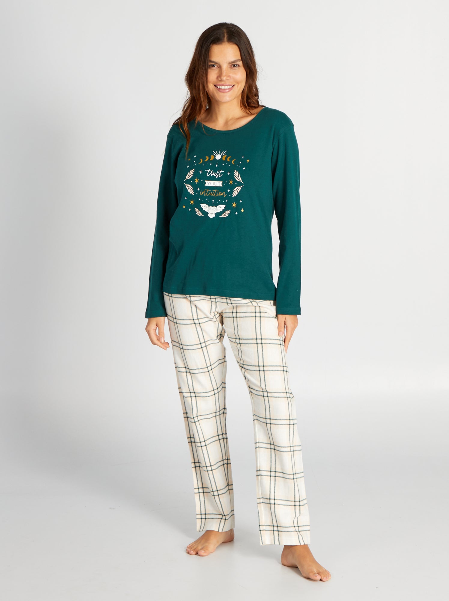 Pigiama lungo t-shirt + pantaloni in flanella - 2 pezzi - VERDE