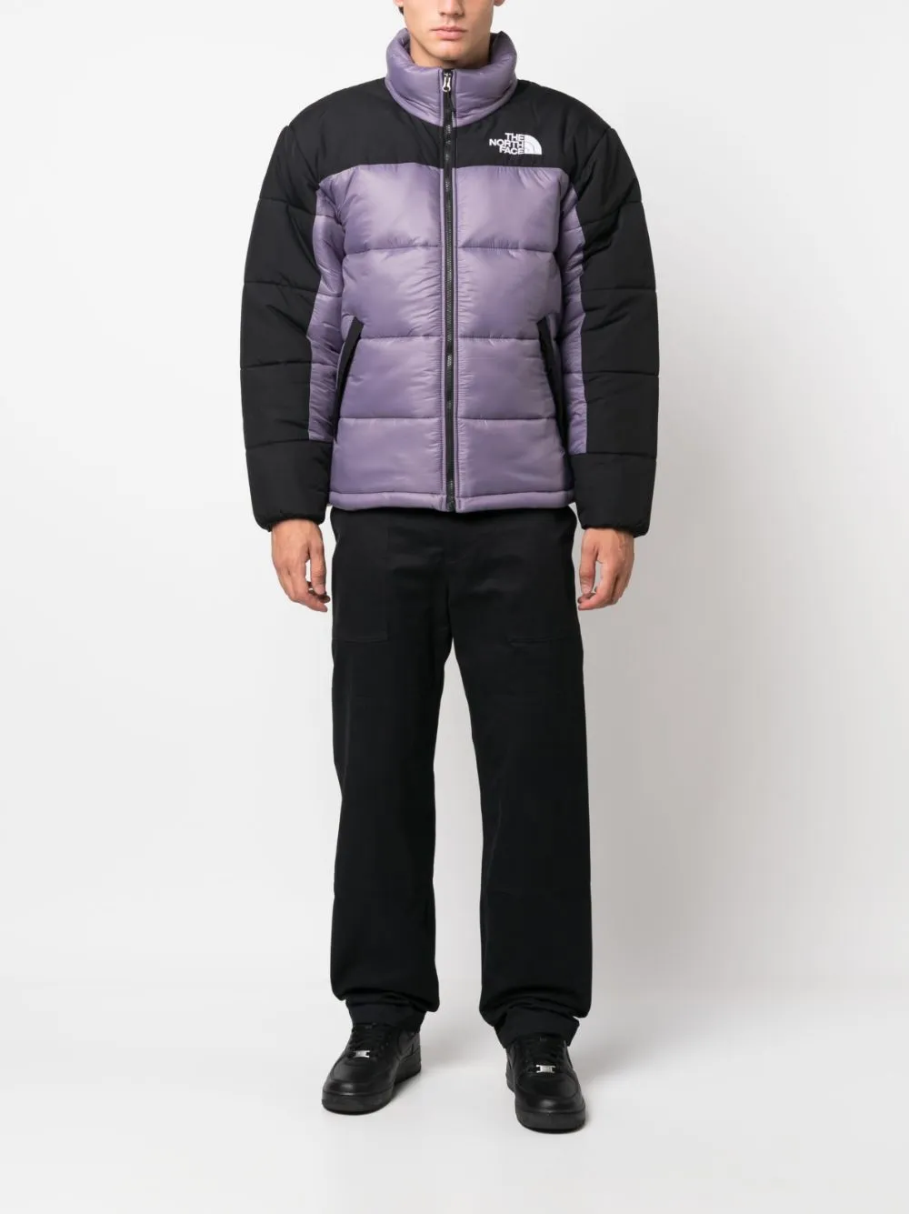 piumino colorblock nero e viola
