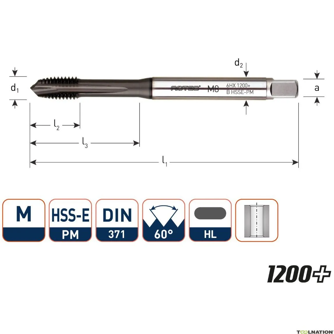 Rotec 336.0800 HSS-E PM 1200+ rubinetto macchina DL DIN 371B M 8x1,25