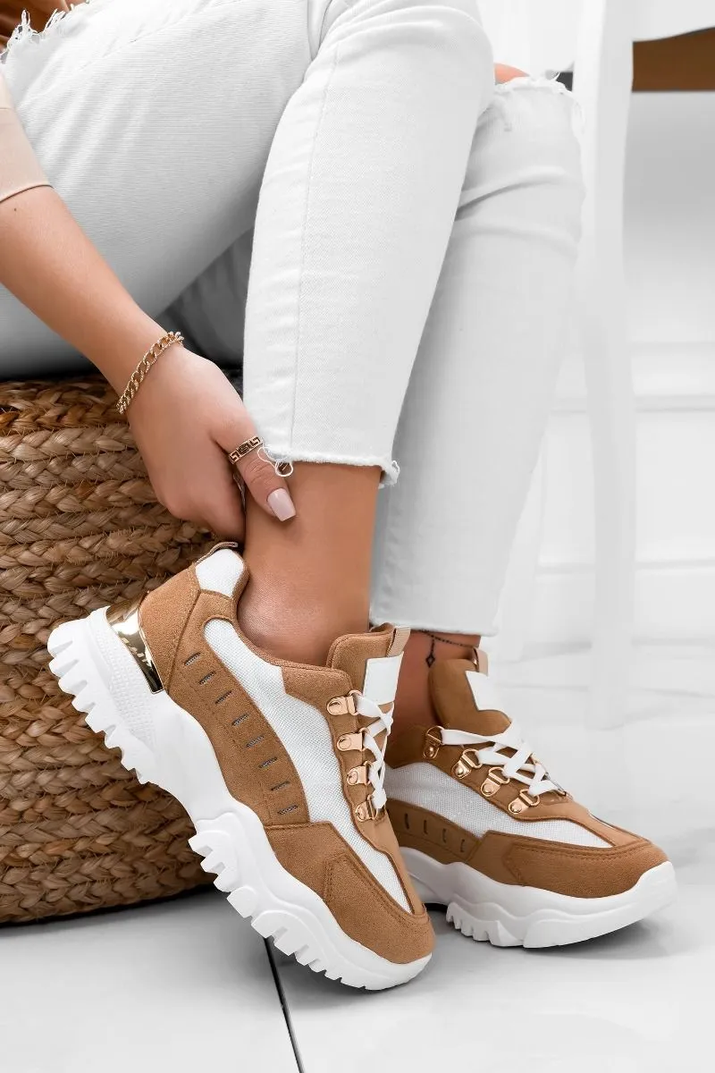 Sneakers bianche camel con suola spessa
