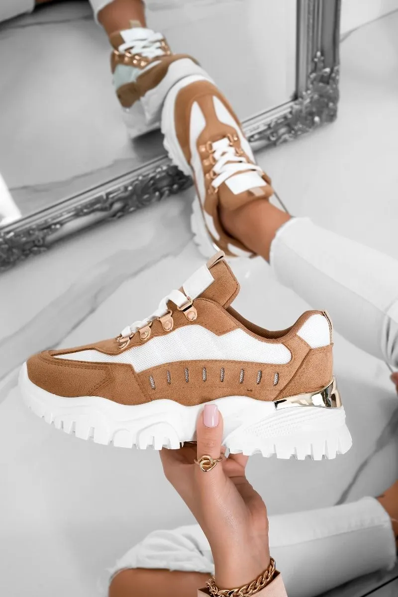 Sneakers bianche camel con suola spessa