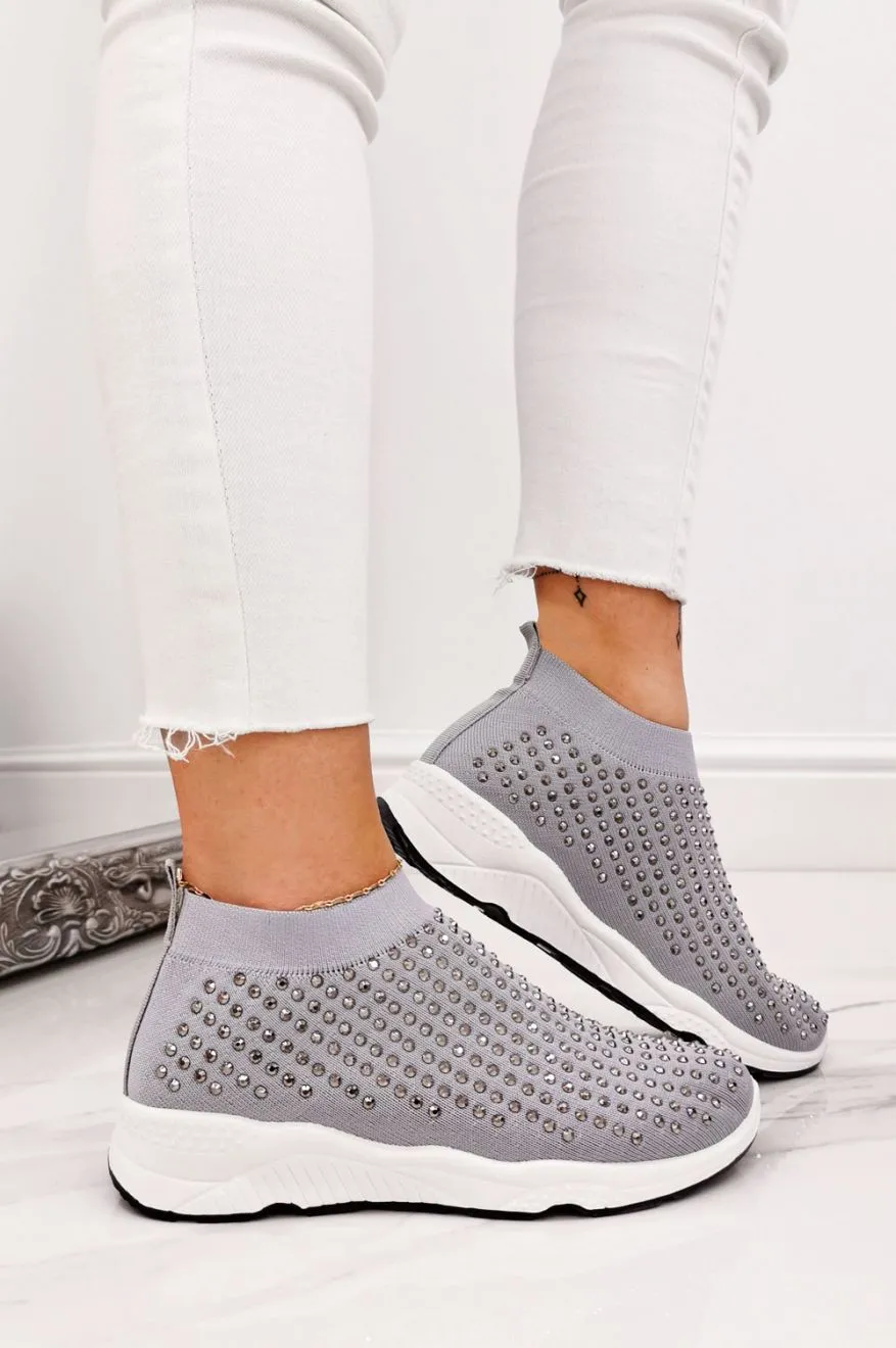 Sneakers grigie in tessuto elastico e strass