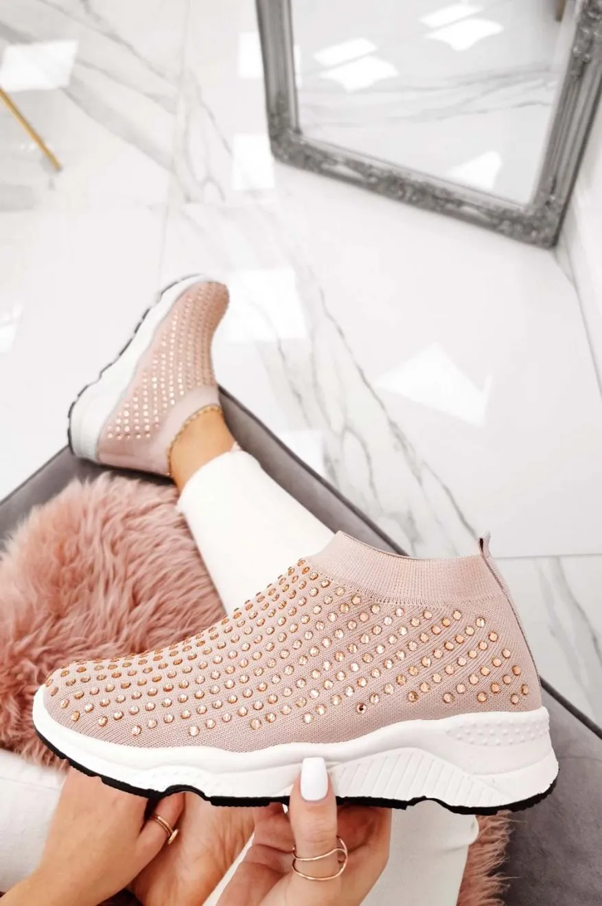 Sneakers rosa in tessuto elastico e strass