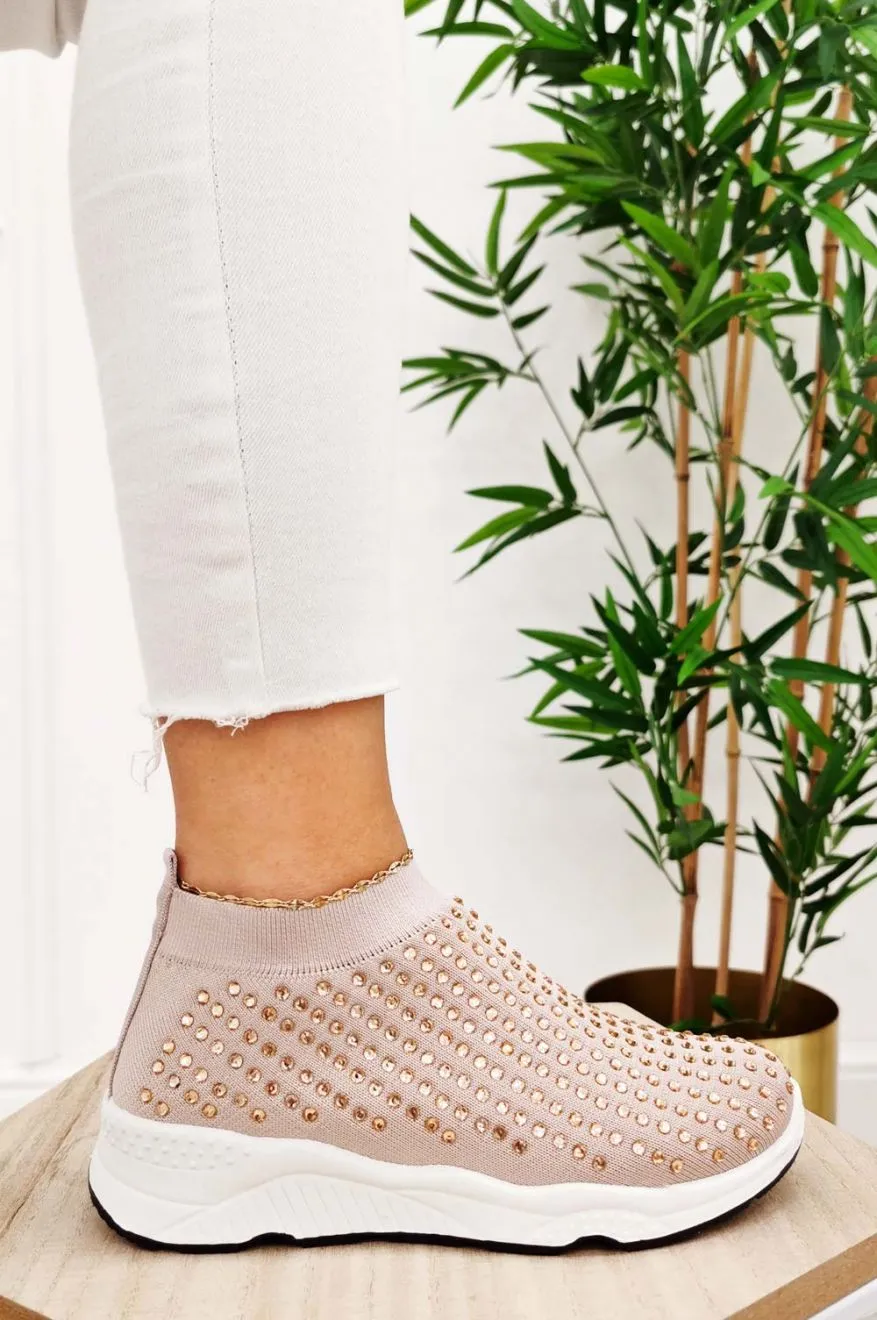 Sneakers rosa in tessuto elastico e strass