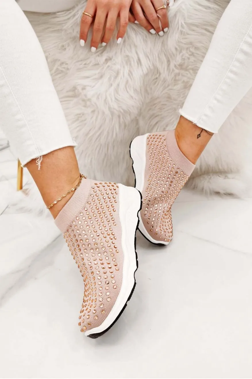 Sneakers rosa in tessuto elastico e strass