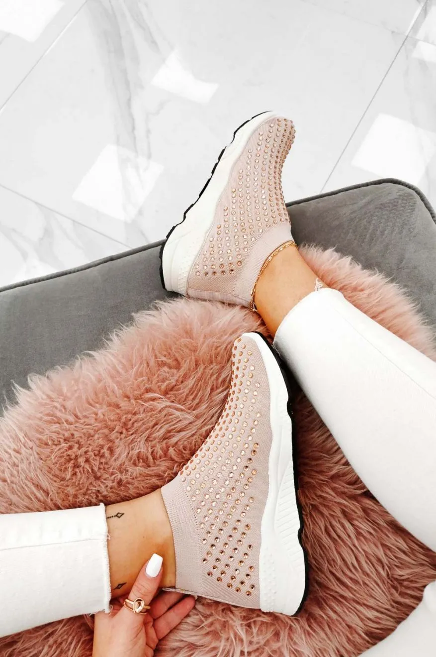 Sneakers rosa in tessuto elastico e strass