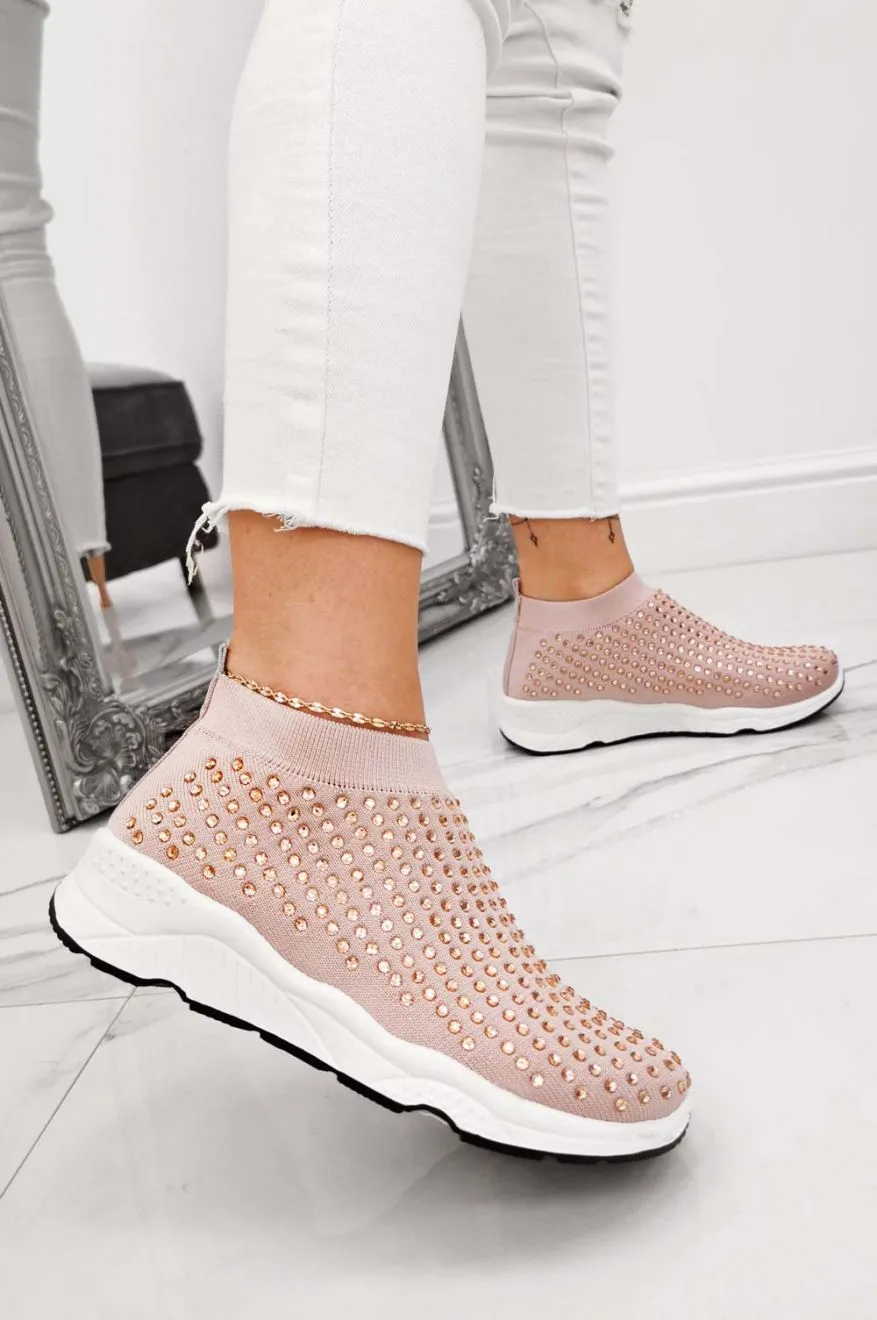 Sneakers rosa in tessuto elastico e strass