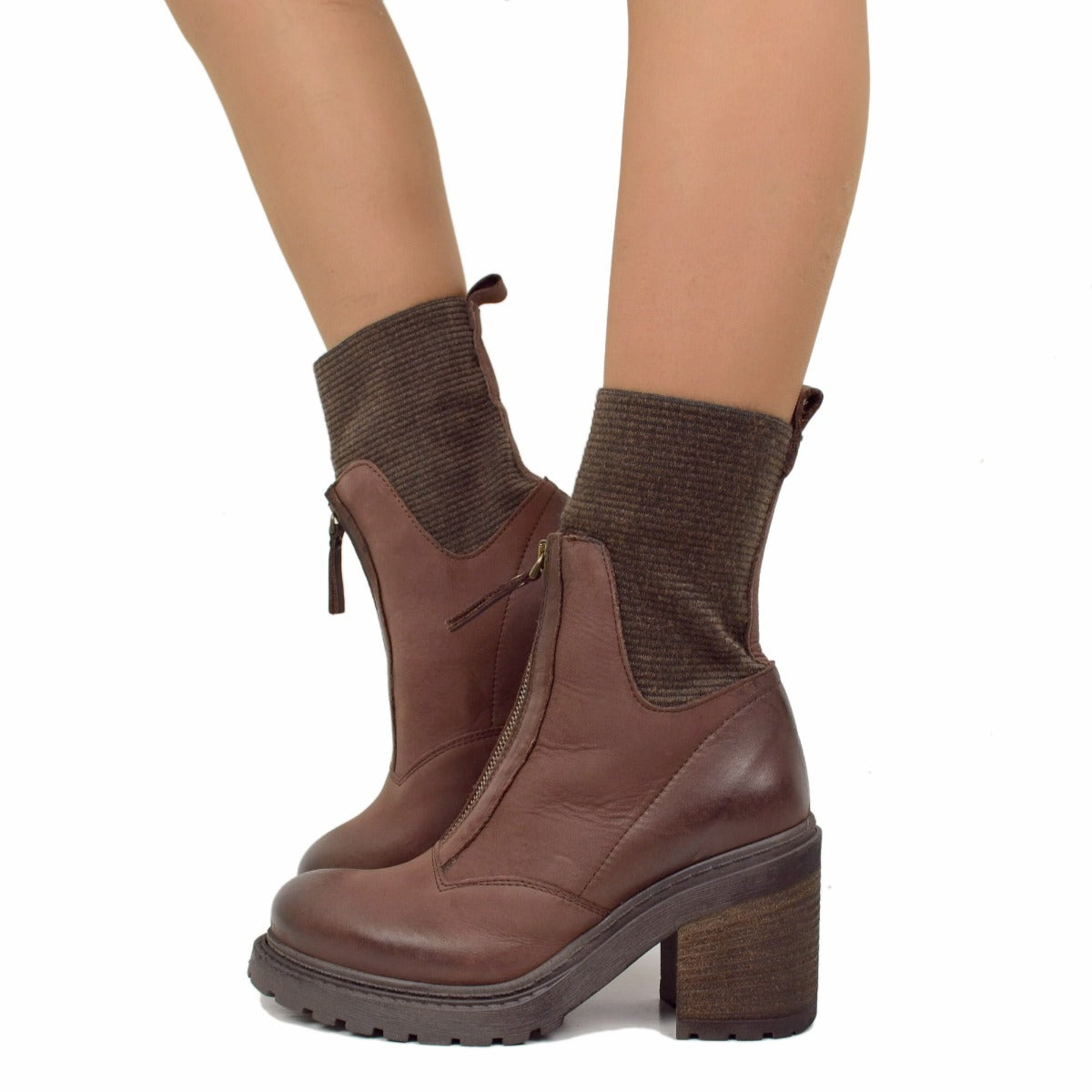 Stivaletti Donna a Calza Elasticizzati Made in Italy con Zip Marroni