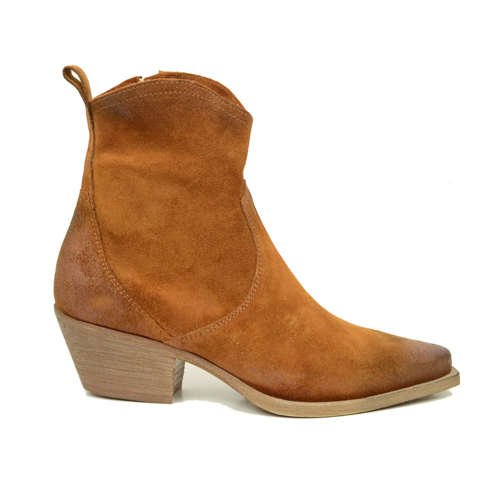 Stivaletti Donna Texani in Pelle Scamosciata Cuoio Made in Italy