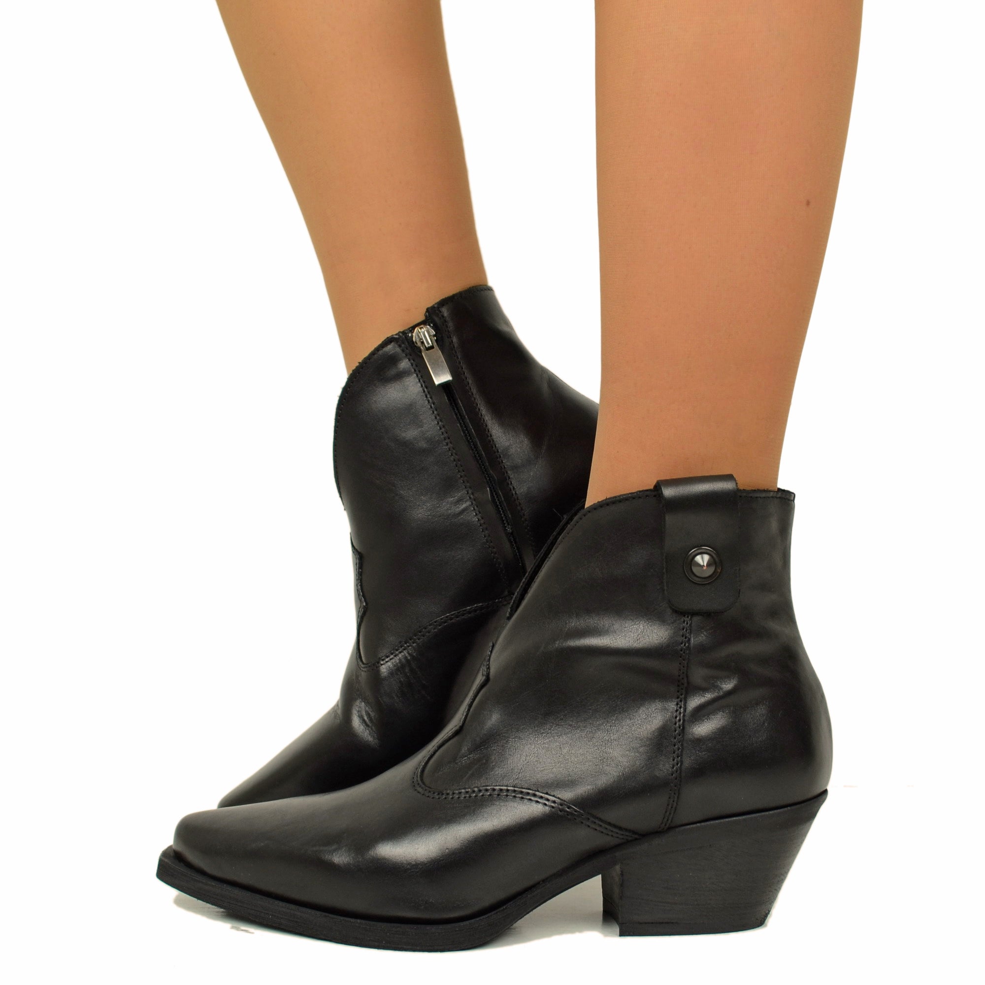 Stivaletti Texani Donna Pelle Neri con Zip Made in Italy