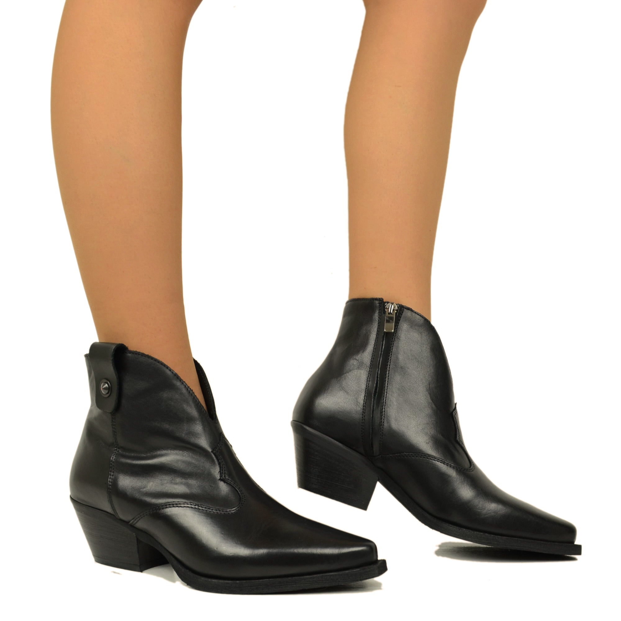 Stivaletti Texani Donna Pelle Neri con Zip Made in Italy