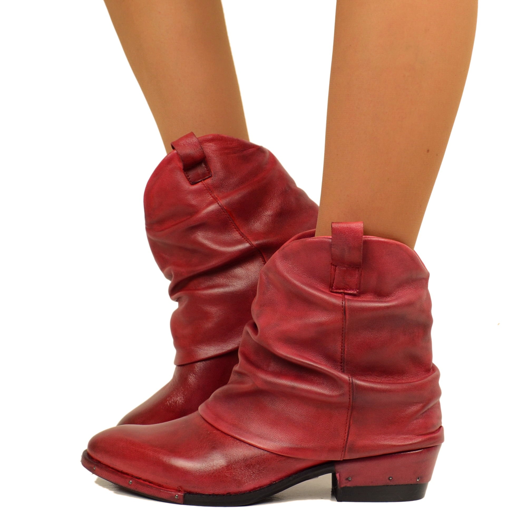 Stivaletti Texani Rossi con Ghetta in Pelle Made in Italy