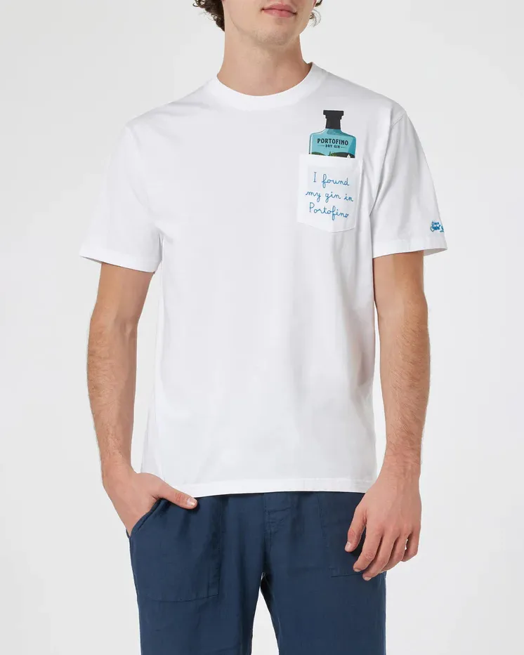 T-shirt bianca Austin mezza manica con taschino e ricamo e stampa Gin Portofino