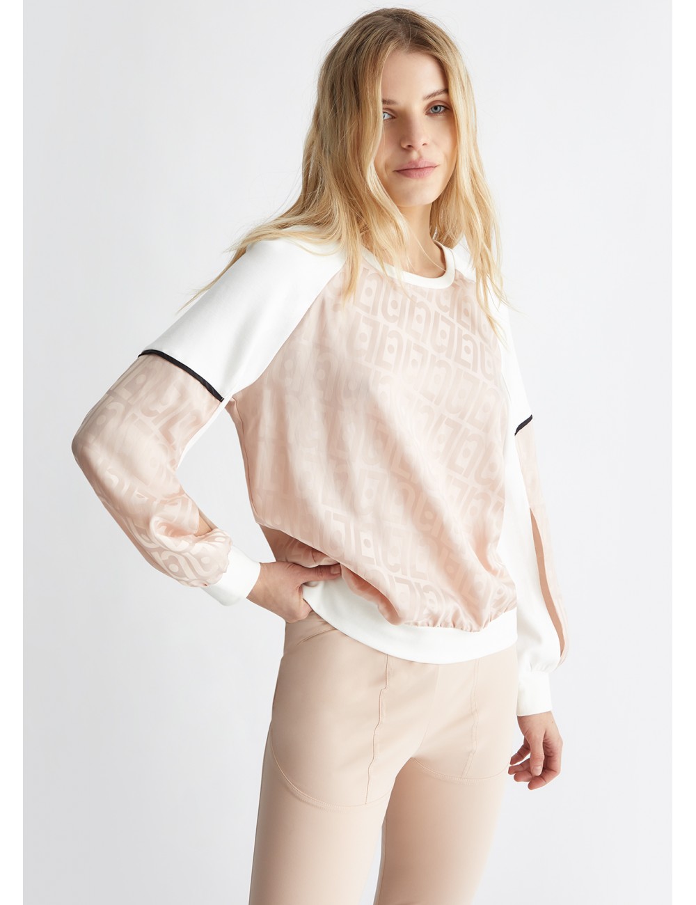 TA4070 FELPA DONNA LIU JO CON DETTAGLI IN RASO MAGLIA CHIUSA CON LOGO DONNA