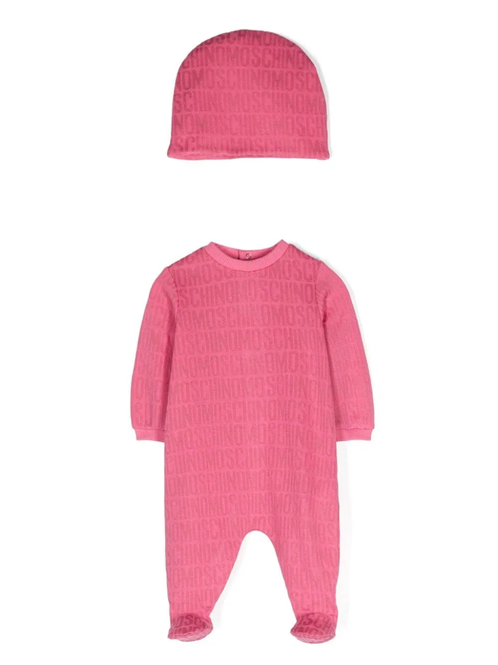 Tutina con cappellino per neonata Moschino Kids rosa con logo jacquard