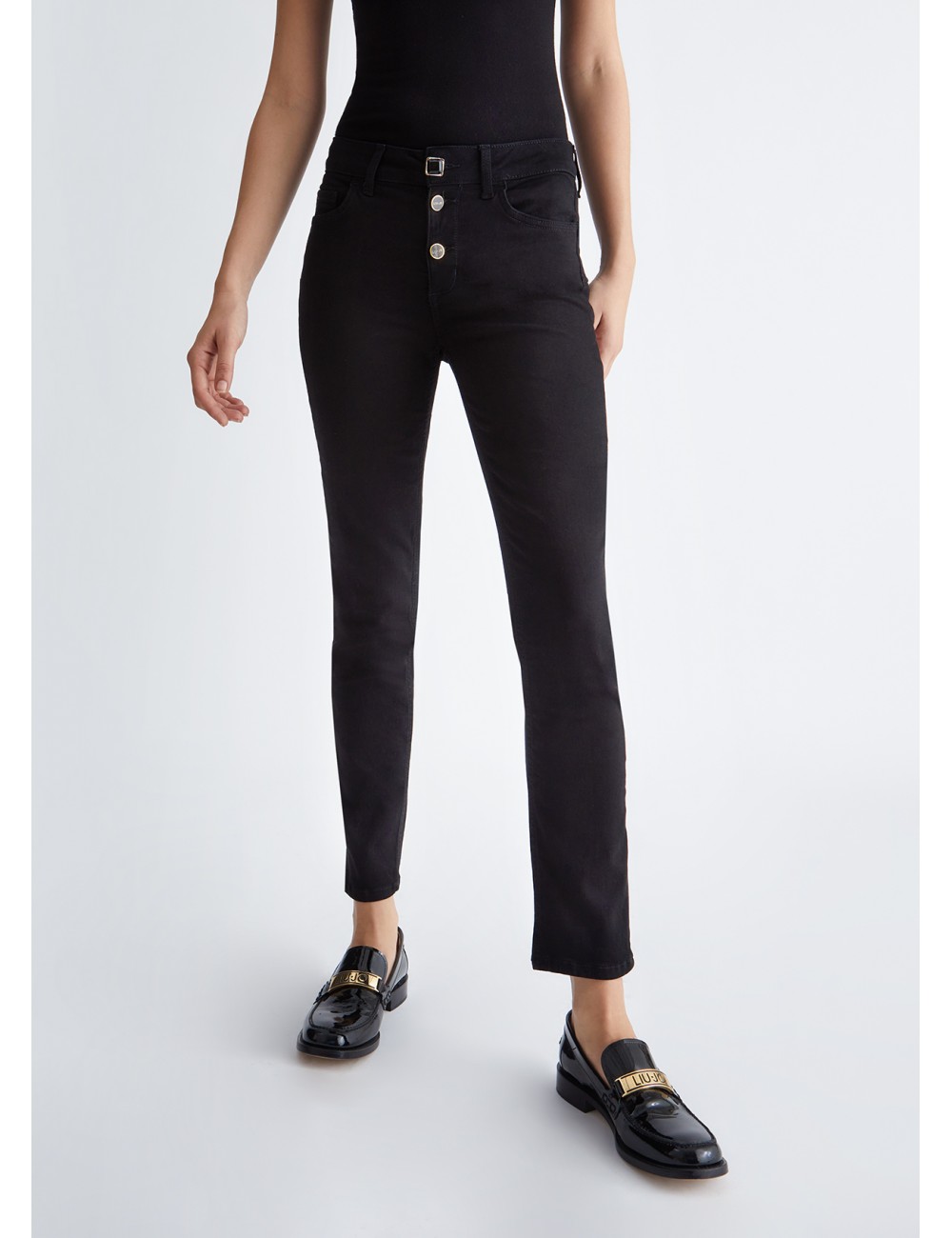 UF3054 JEANS DONNA LIU JO PANTALONE DENIM SKINNY NERO RISVOLTO BOTTONI PANTALONI