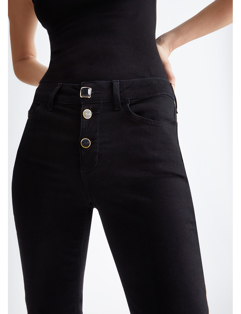 UF3054 JEANS DONNA LIU JO PANTALONE DENIM SKINNY NERO RISVOLTO BOTTONI PANTALONI