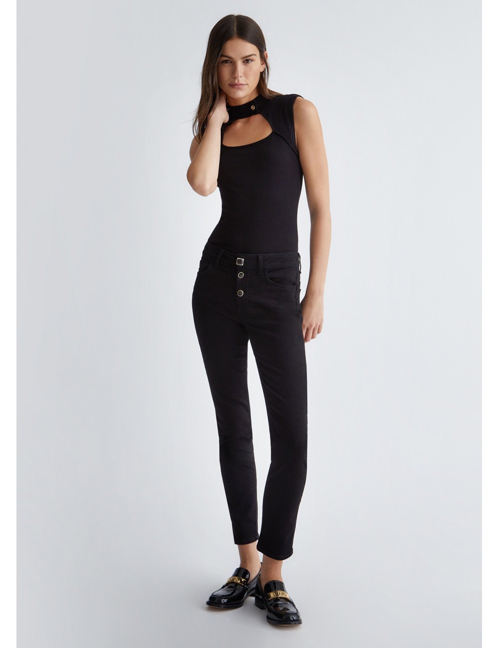 UF3054 JEANS DONNA LIU JO PANTALONE DENIM SKINNY NERO RISVOLTO BOTTONI PANTALONI