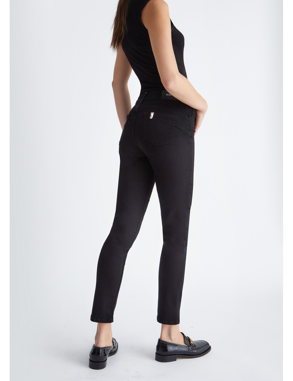 UF3054 JEANS DONNA LIU JO PANTALONE DENIM SKINNY NERO RISVOLTO BOTTONI PANTALONI
