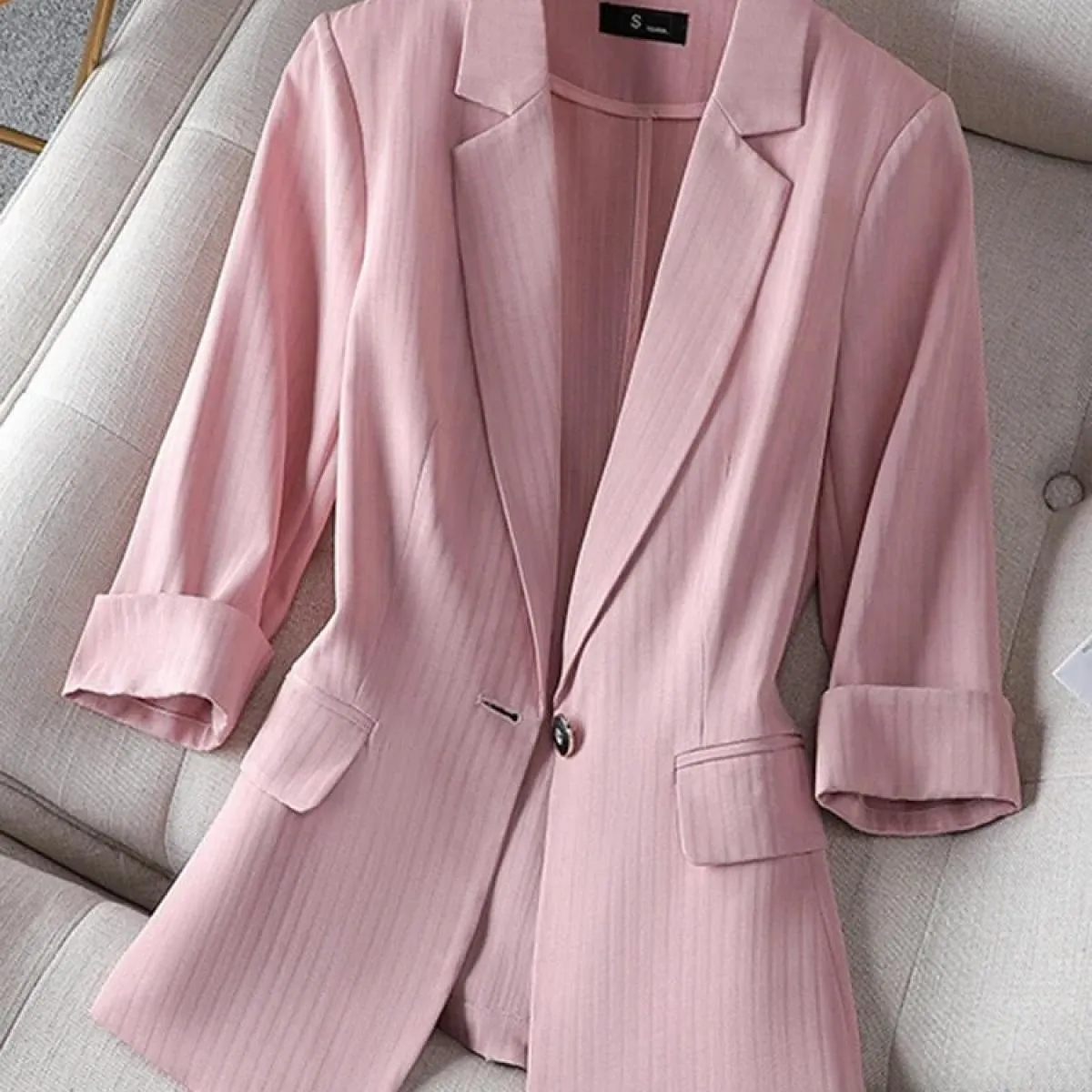 Xfpv Giacca da Donna Casual con Bottoni a Righe Rosa Manica a Tre Quarti Allentata Top Temperamento Giacca Moda Nuovo Autunno 20
