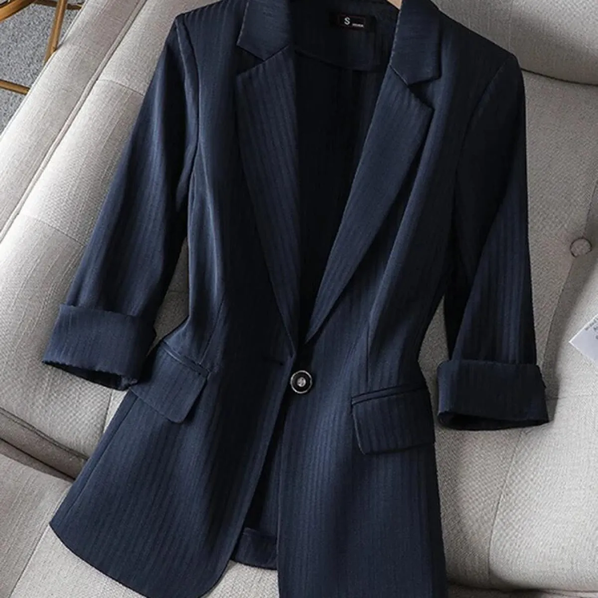 Xfpv Giacca da Donna Casual con Bottoni a Righe Rosa Manica a Tre Quarti Allentata Top Temperamento Giacca Moda Nuovo Autunno 20