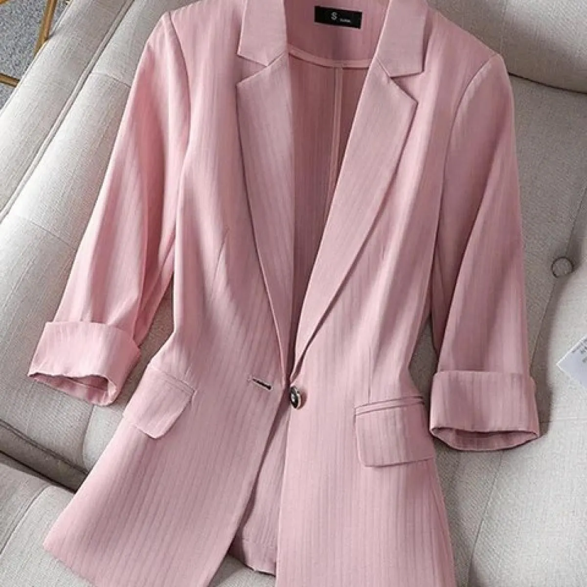 Xfpv Giacca da Donna Casual con Bottoni a Righe Rosa Manica a Tre Quarti Allentata Top Temperamento Giacca Moda Nuovo Autunno 20