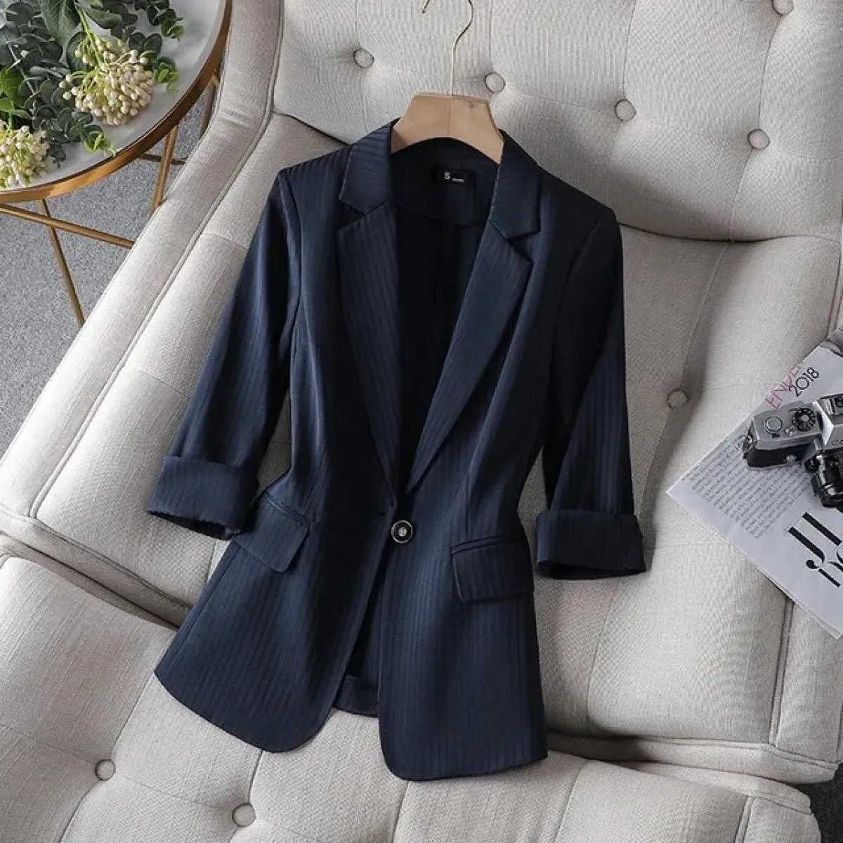 Xfpv Giacca da Donna Casual con Bottoni a Righe Rosa Manica a Tre Quarti Allentata Top Temperamento Giacca Moda Nuovo Autunno 20