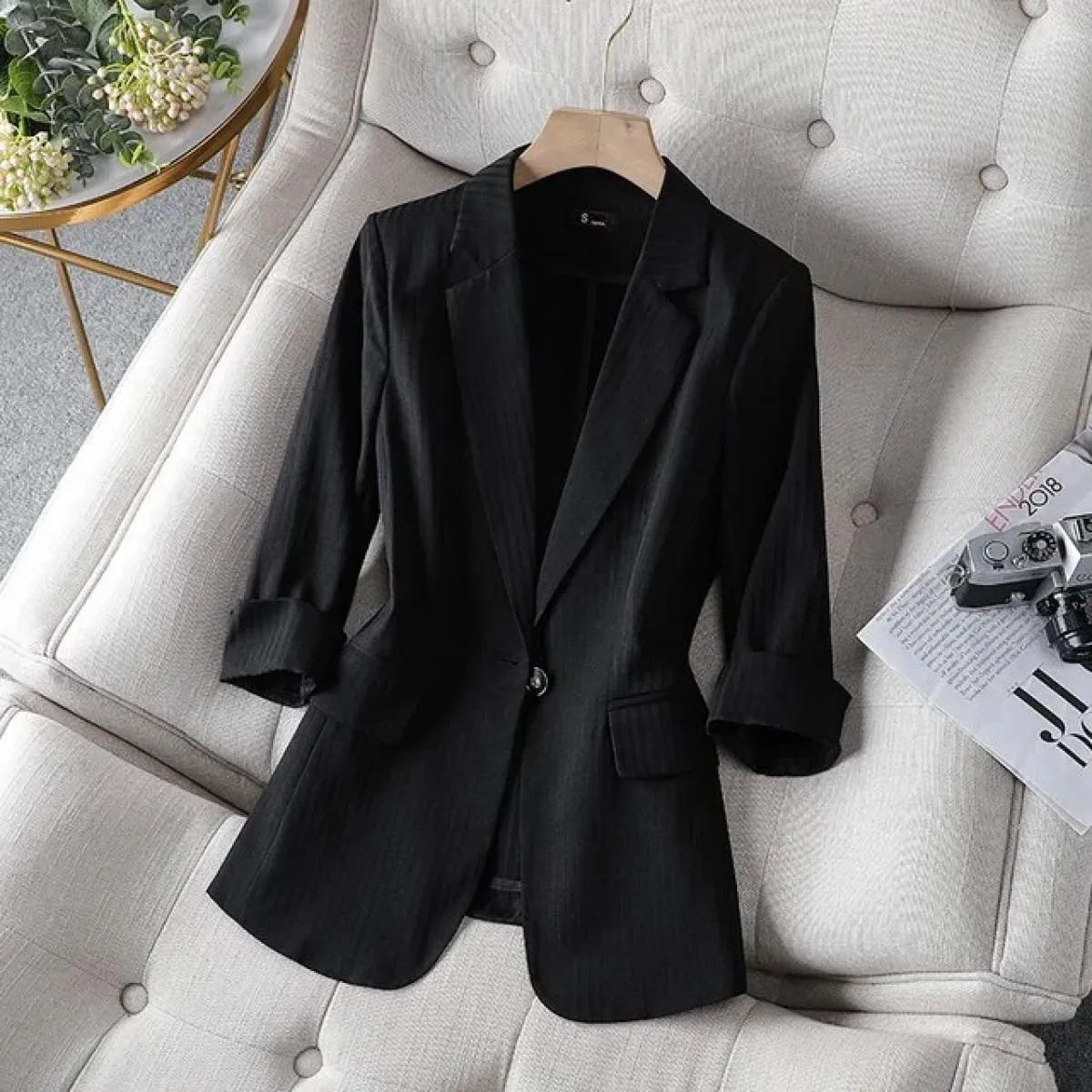 Xfpv Giacca da Donna Casual con Bottoni a Righe Rosa Manica a Tre Quarti Allentata Top Temperamento Giacca Moda Nuovo Autunno 20